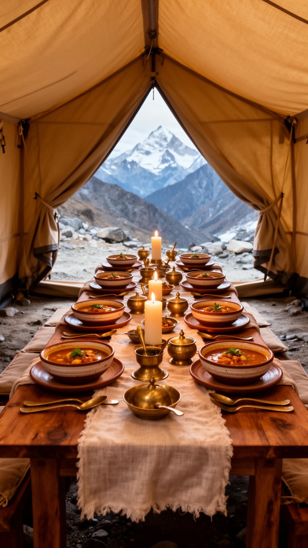 A long communal dining table set inside a canvas tent overlooking the Himalaya