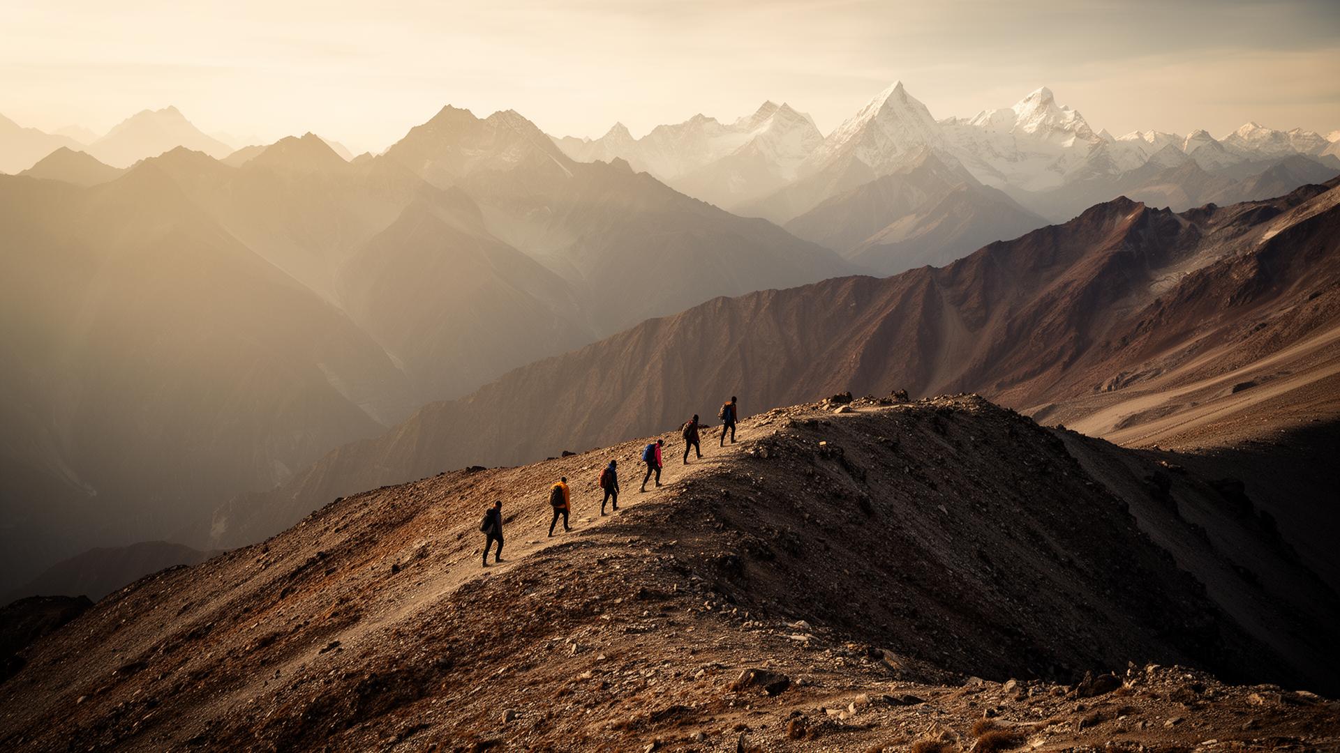 A small group walking along a remote Himalayan ridge at golden hour