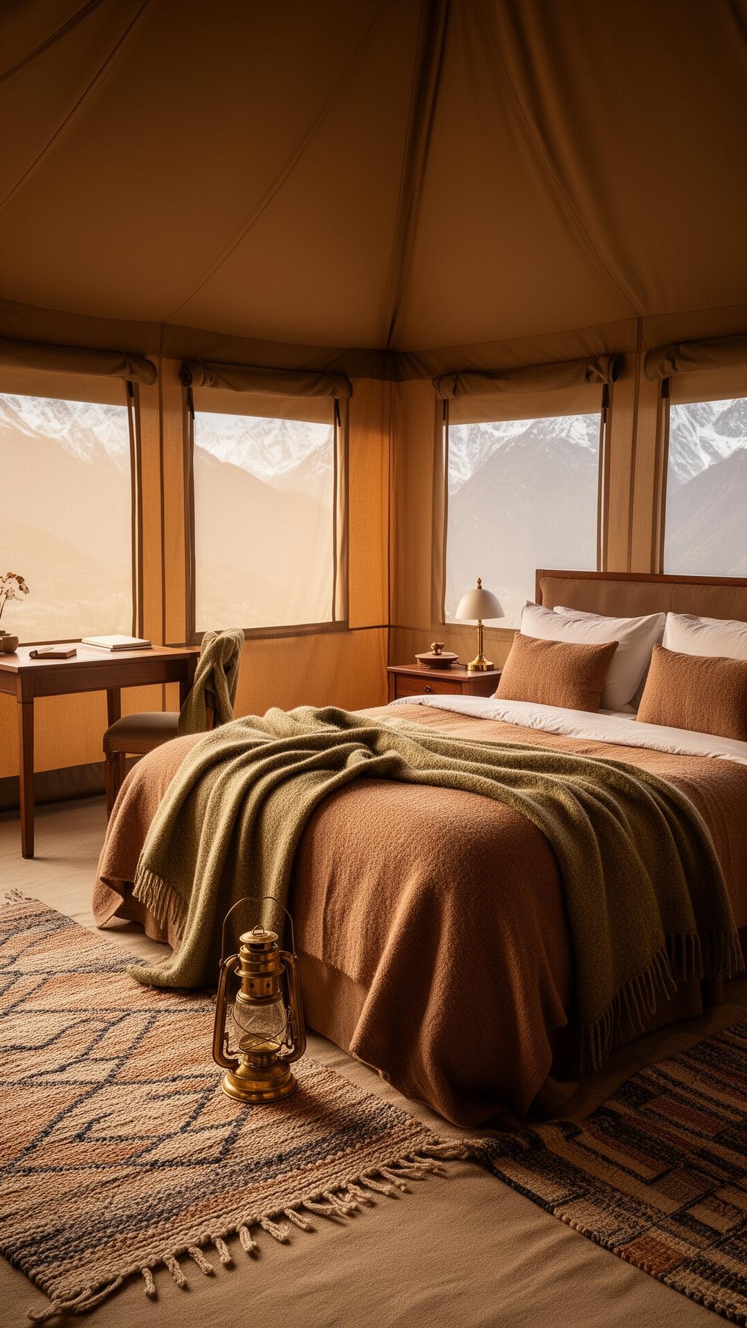 Interior of a Juniper sleeping tent with proper bed, woven rugs and lantern