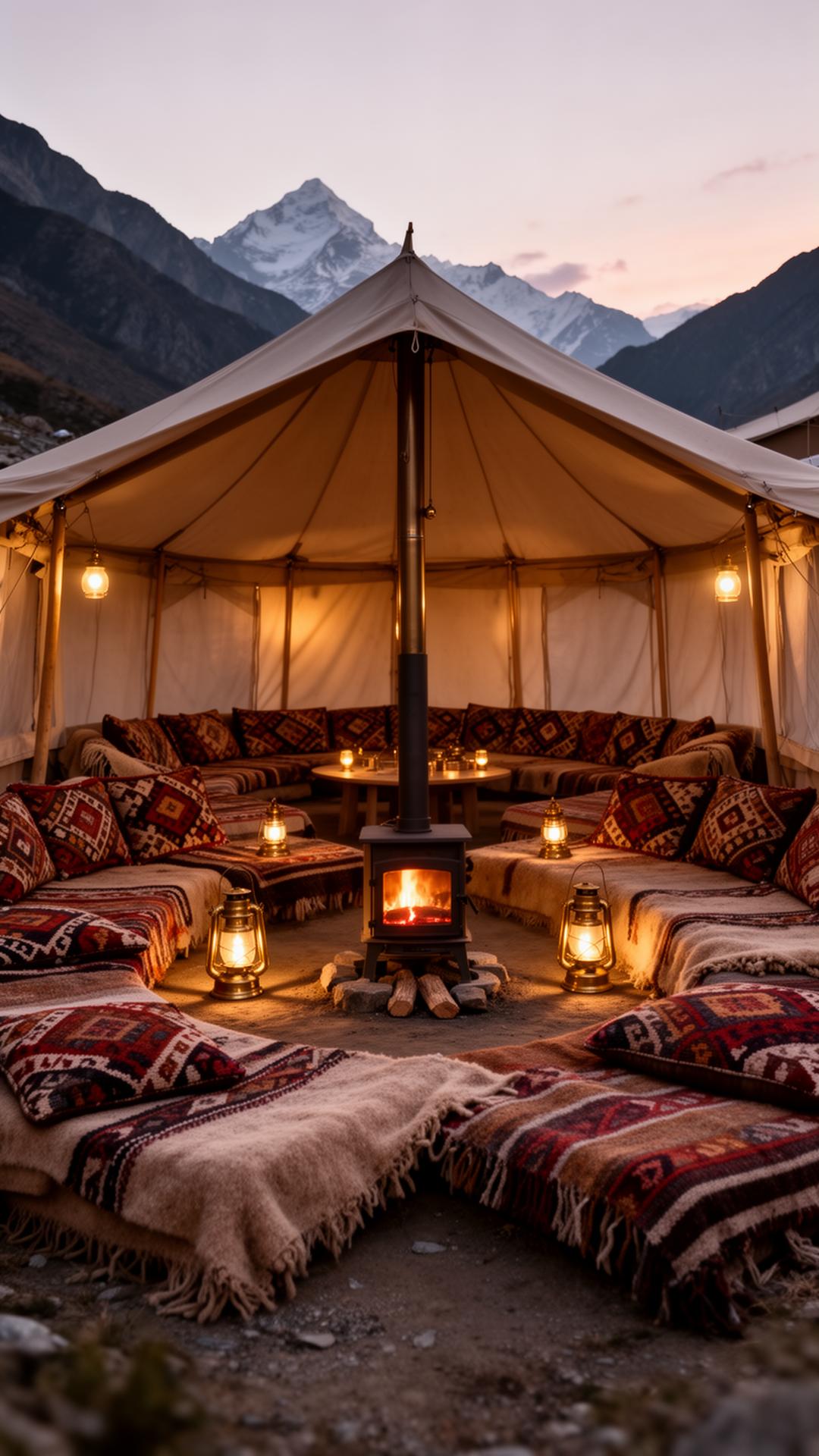 Central lounge tent with layered seating, kilim cushions and a wood stove